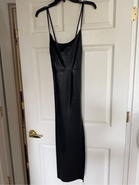 Zara Black Faux Leather Midi Slip Dress with Spaghetti Straps